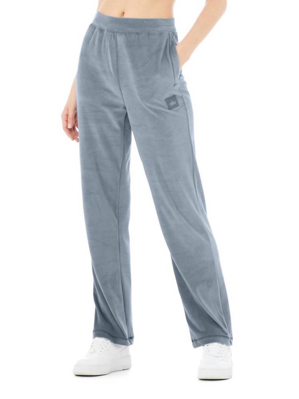 Alo Yoga | Velour Glimmer High Waist Wide Leg Sweatpants Steel Blue Grey Medium